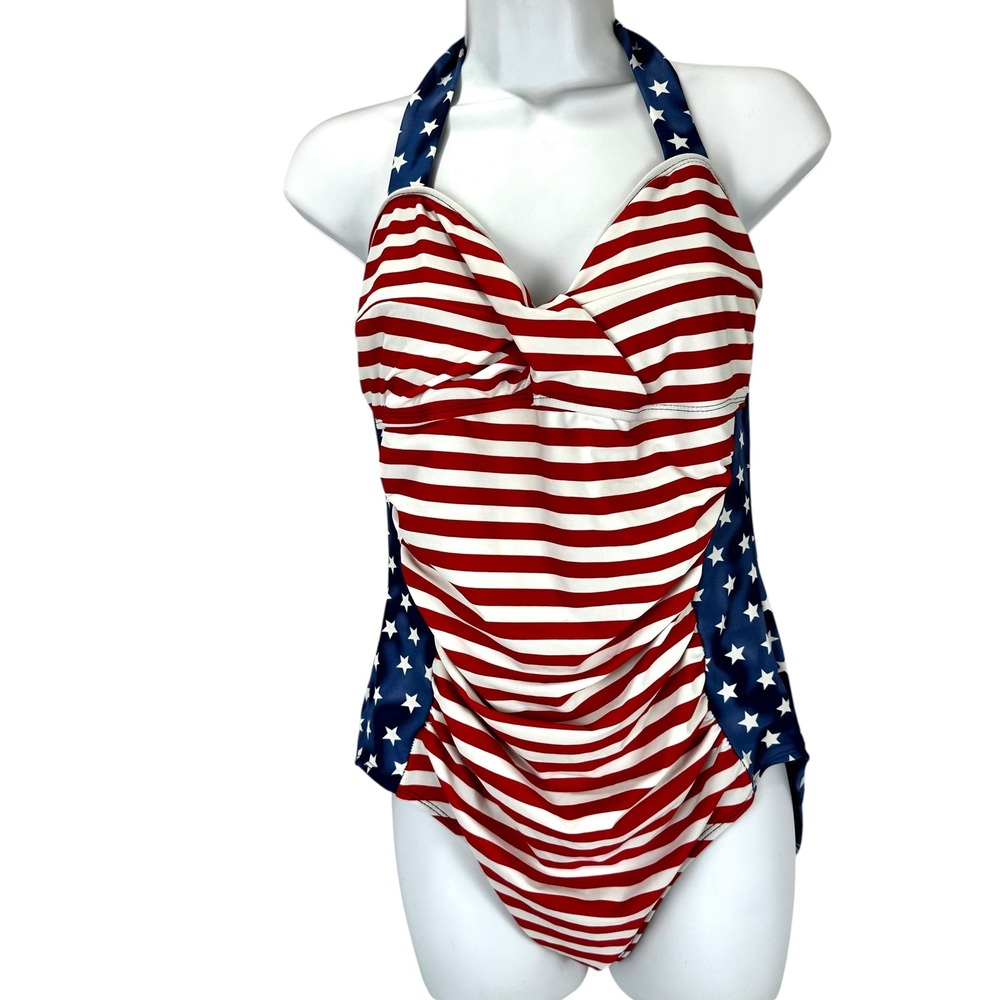 3X Plus American Flag Patriotic Stars Stripes Halter One Piece Swimsuit Red Blue